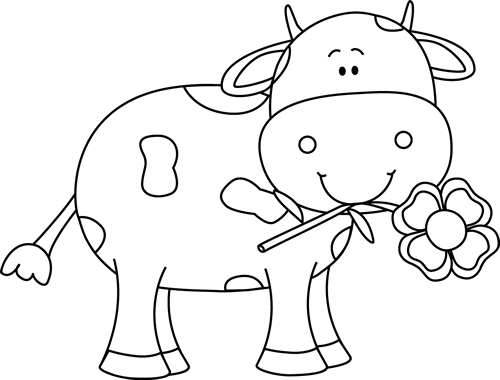 Black And White Cow With A Flower In Its Mouth - Clipart Black And White Cow (500x380)