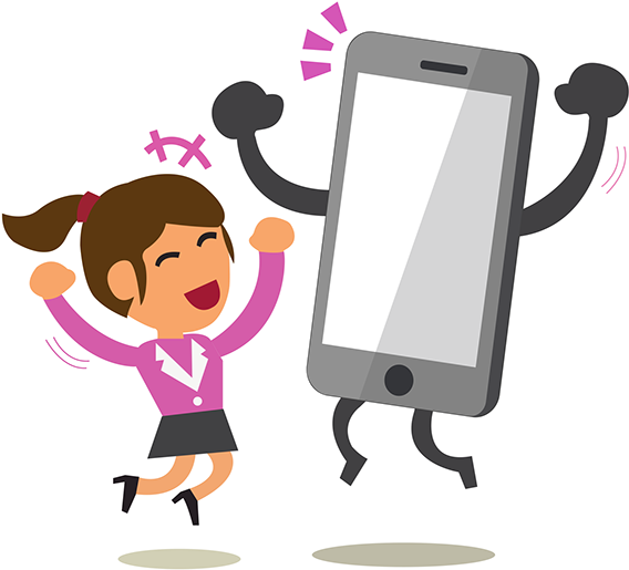 Cartoon Smartphone Helping A Woman To Go Shopping - Happy Mobile Cartoon Png (600x652)