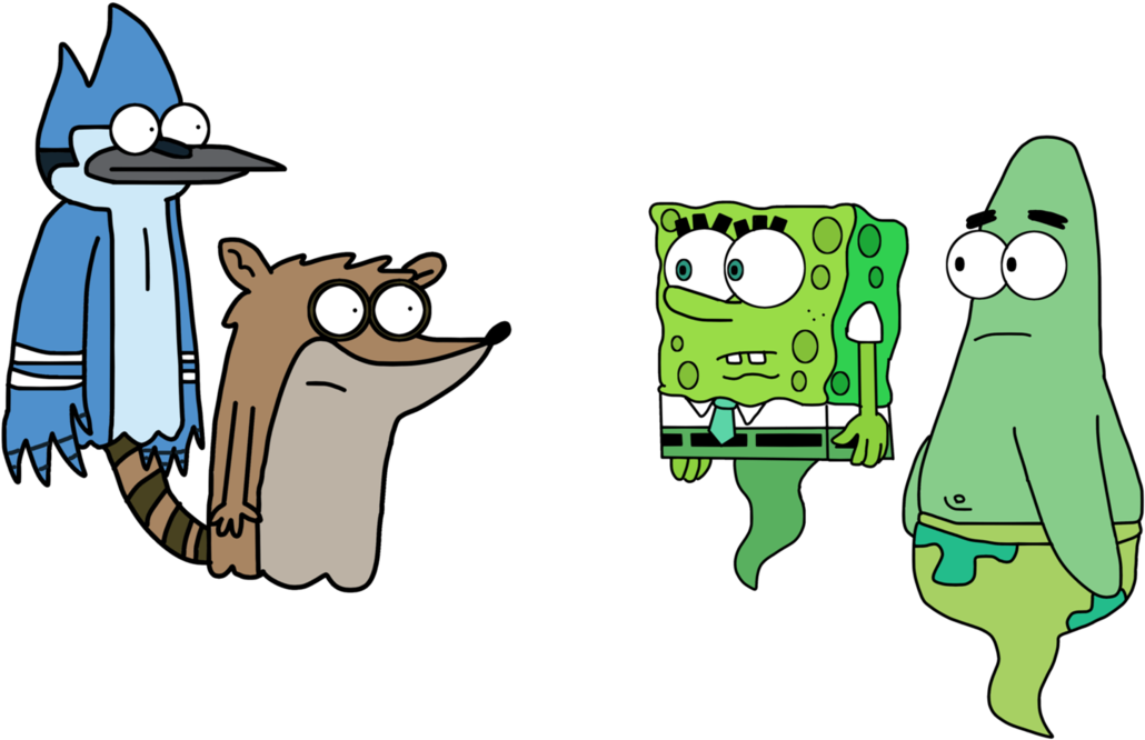 Ghost Mordecai, Rigby, Spongebob, And Patrick By Marcospower1996 - Spongebob And Patrick Ghosts (1137x702)