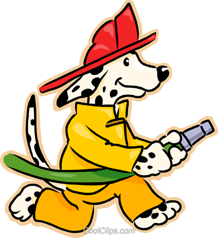 Dog With Fire Hose Royalty Free Vector Clip Art Illustration - Firefighter Dalmatian (439x480)
