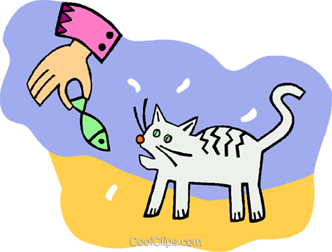 Cat Being Fed A Fish Treat Royalty Free Vector Clip - Cartoon (480x365)