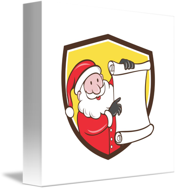 Santa Holding Paper Scroll Pointing To List Crest By - Cartoon (606x650)
