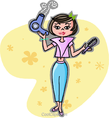 Woman With Hair Dryer And Hair Brush Royalty Free Vector - Cartoon Blow Dryer (446x480)