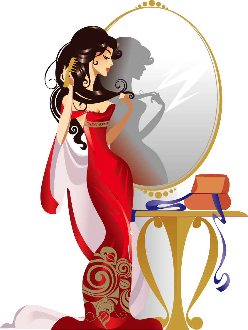 Comb Cartoon Girl Illustration - Girl In The Mirror Cartoon (845x1124)