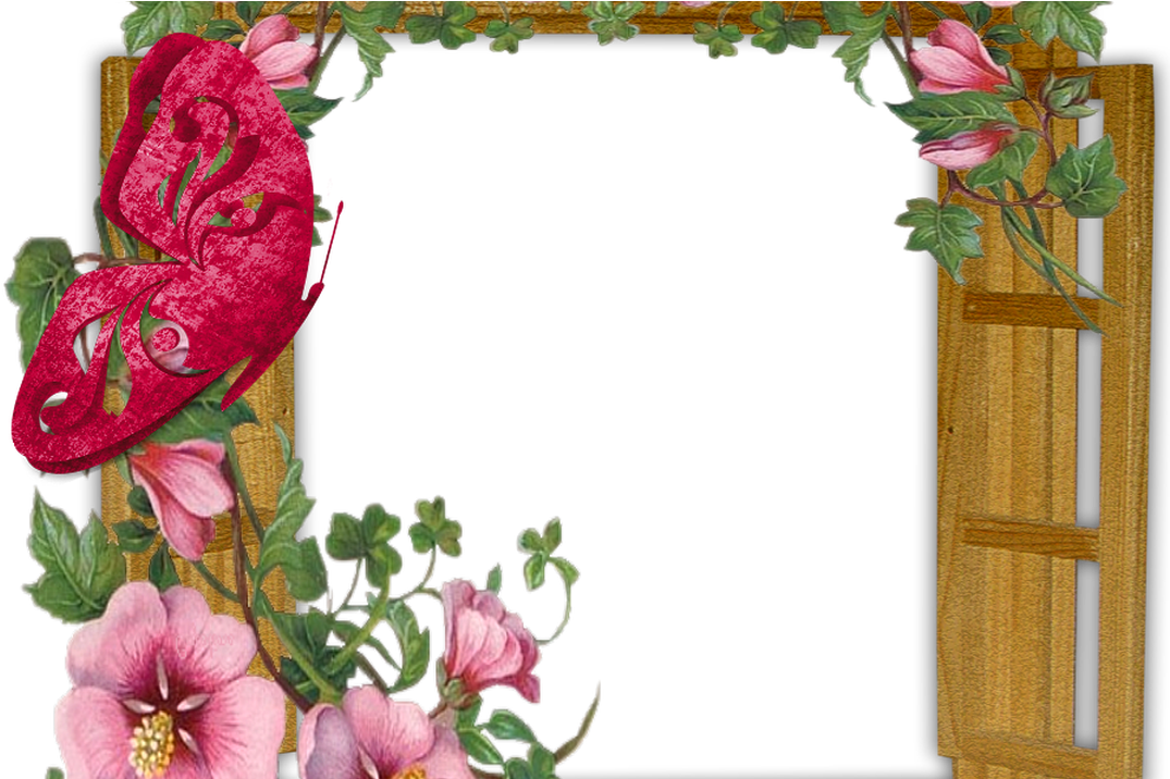 Wooden Winow With Flowers And Butterfly Transparent - Welcome To My Page Glitter (1200x715)