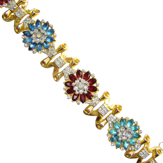 Vintage Coro Craft Red Blue Aqua Rhinestone Gold Tone - Diamond (550x550)