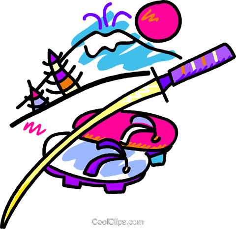 Japanese Temples, Sword And Sandals Royalty Free Vector - Japanese Temples, Sword And Sandals Royalty Free Vector (480x467)