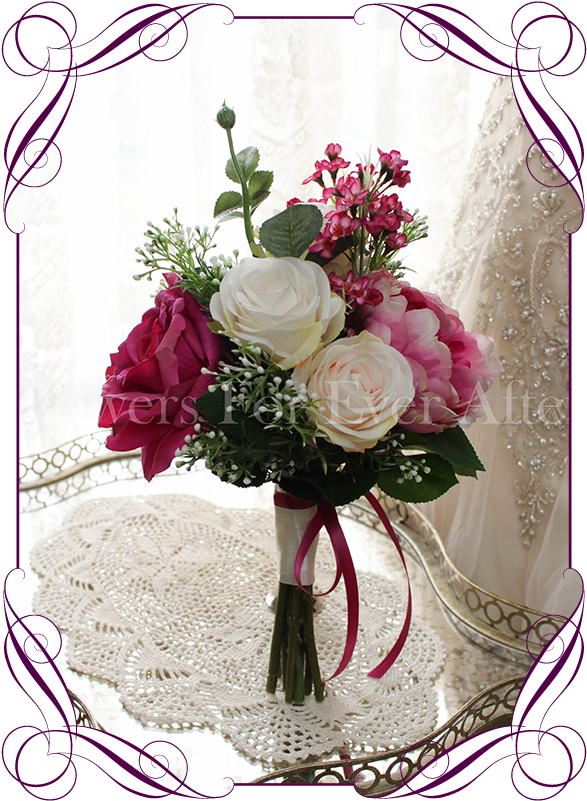 A Romantic Vibrant Magenta Pink And Blush Ivory Bridesmaid - Garden Roses (608x822)