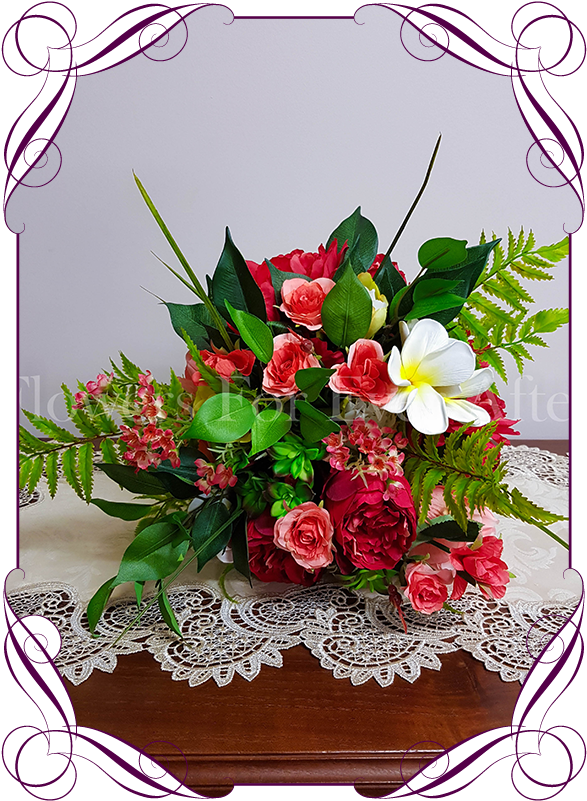 Vibrant Tropical Silk Artificial Bouquet In Red, Coral - Garden Roses (608x822)