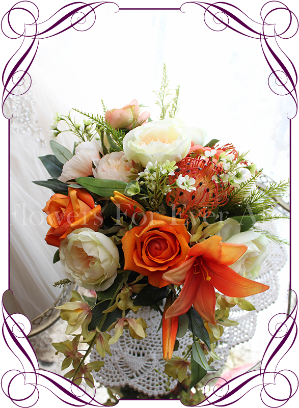 Silk Artificial Vibrant Orange, Apricot And Green Bridal - Flower Bouquet (608x822)