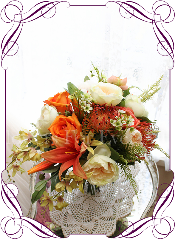 Silk Artificial Vibrant Orange, Apricot And Green Bridal - Flower Bouquet (608x822)