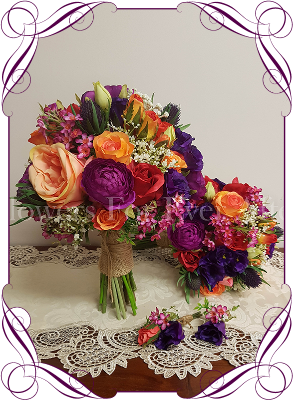 Vibrant Colourful Silk Artificial Wedding Bouquet Set - Magenta (608x822)