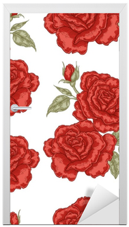 Vinilo Para Puerta Patrón Sin Costuras Con Flores Rosas - Telas Blancas Con Flores Rojas (400x400)