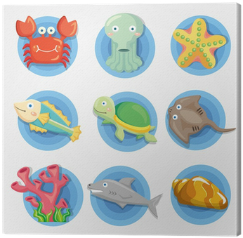 Cartoon Aquarium Animal Icons Set ,fish Icons Canvas - Animales Con Caparazon Y Concha (400x400)