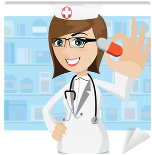 Cartoon Pharmacist Showing Pills In Drug Store Wall - Cartoon Pharmacist (400x400)