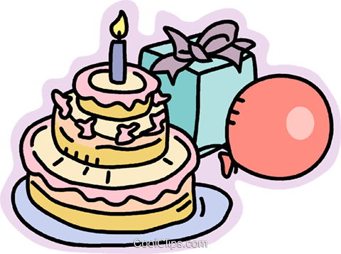 Geburtstagstorte Geschenke Und Luftballons Vektor Clipart - Birthday Cake Balloon Present (480x357)