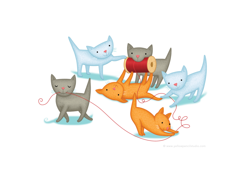 Playing Kittens Yellow Pencil Studio - Cartoon (1000x733)