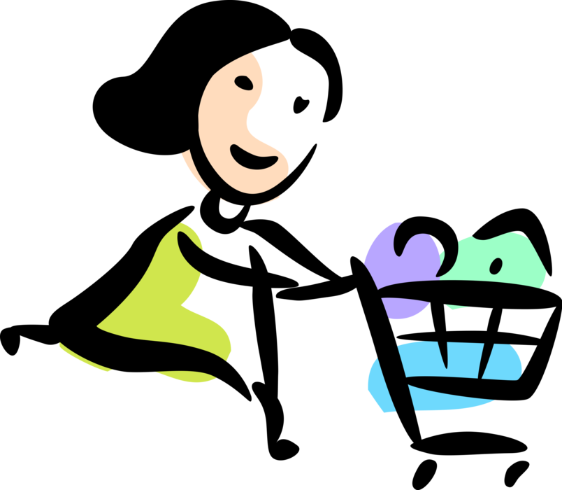 Vector Illustration Of Supermarket Shopper Pushes Grocery - Vector Illustration Of Supermarket Shopper Pushes Grocery (804x700)