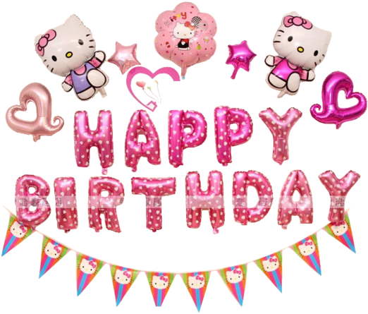 Happy Birthday Hello Kitty Pink Hearts & Flowers Balloon - Happy Birthday Hello Kitty (530x445)