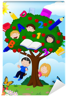 Cartoon Children Playing Illustration In An Apple Tree - Newbies: Bible Alphabets Az: Activities And Coloring (400x400)