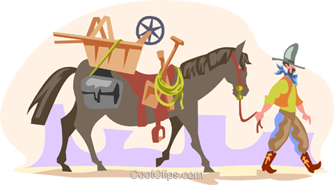 Cowboy Walking Horse Royalty Free Vector Clip Art Illustration - 19th Century (480x267)