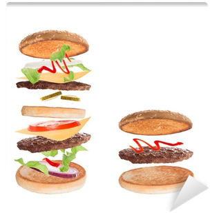 Delicious Hamburger With Flying Ingredients Wall Mural - Hamburger (400x400)