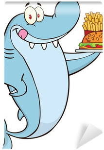 Shark Character Holding A Plate Of Hamburger And French - Tiburon Chef (400x400)