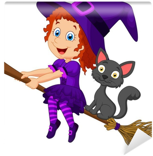 Cartoon Young Witch Flying On Her Broom Wall Mural - Brujitas Y Escobas Animadas (400x400)