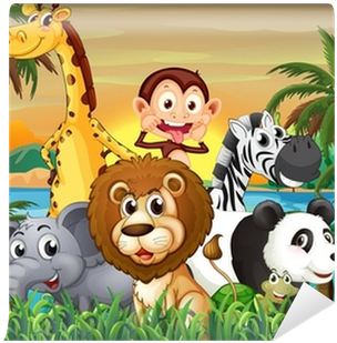 A Group Of Animals At The Riverbank With Coconut Trees - Poster: Interactimages' Illustration Of A Group Of (400x400)