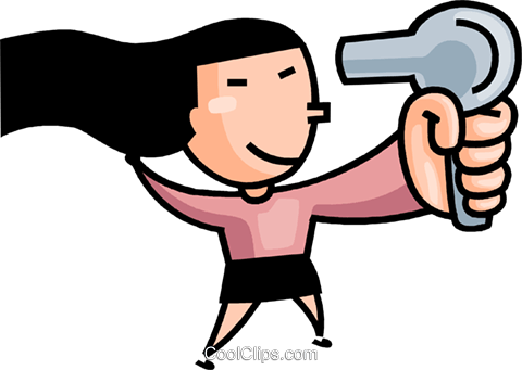 Girl Blow Drying Her Hair Royalty Free Vector Clip - Dry The Hair Cartoon (480x341)