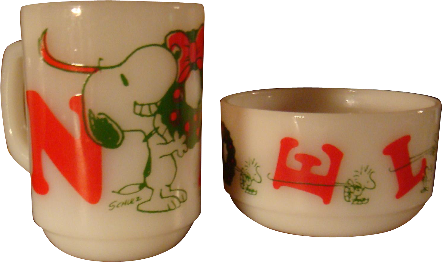 Fire King Snoopy And Woodstock Noel Mug And Bowl 1958, - スヌーピー (1482x1482)