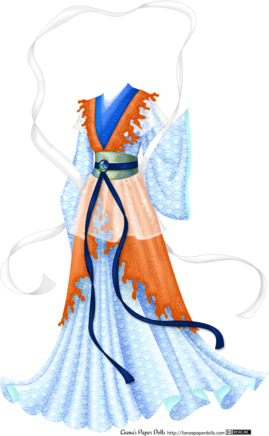 A Blue Gown With A Stylized Wave Pattern In A Darker - Paper Doll (866x1416)