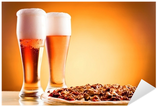 Two Glass Of Beer And Pizza Over Yellow Background - Cerveza Artesanal Con Pizza (400x400)