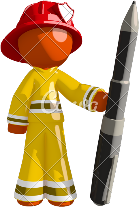Orange Man Firefighter Holding Large Pen - Firefighter (562x800)