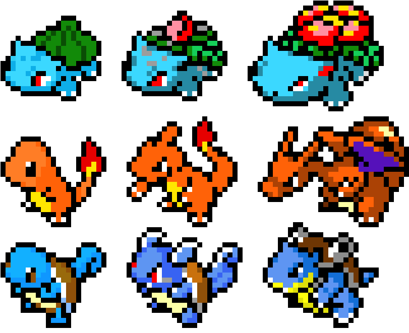 Kanto Region Starter Pokemon - Kanto Starters Pixel Art (820x670)