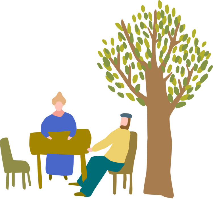 Vector Illustration Of Sitting At Table Under Tree - Sitting (750x700)