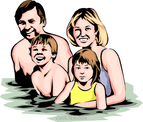 Family Swimming Royalty Free Vector Clip Art Illustration - Husband Wife And Two Children (480x410)