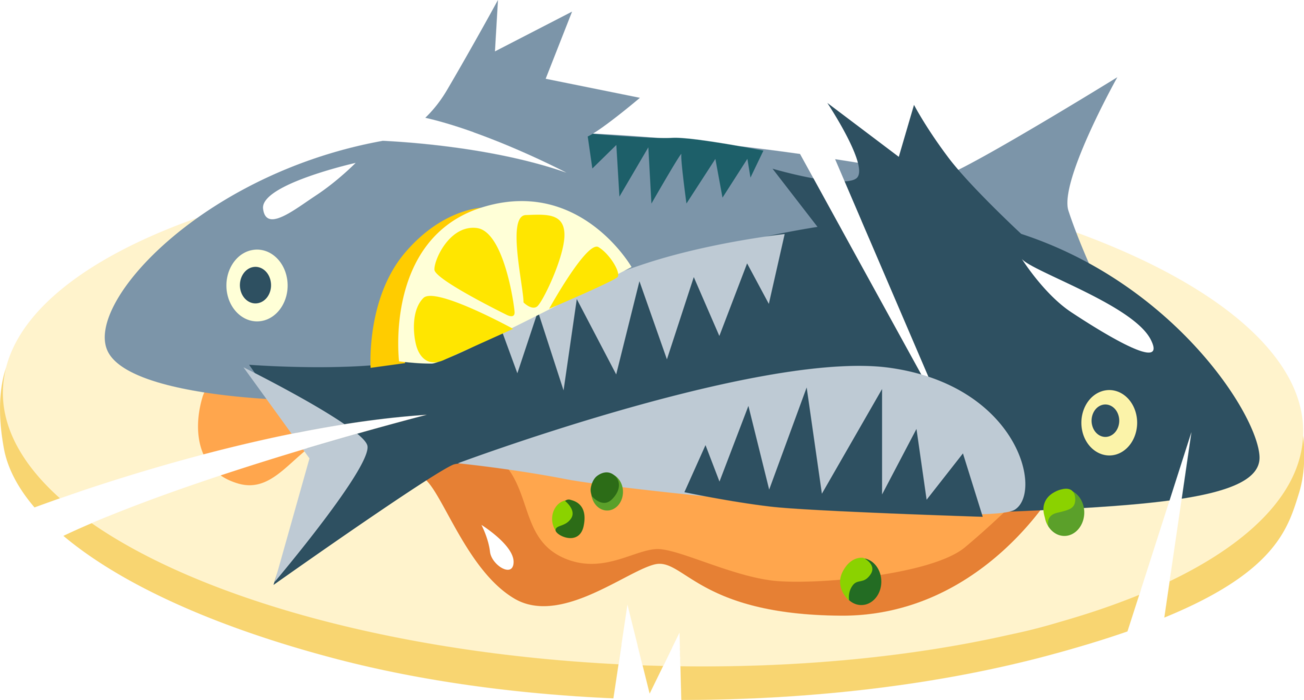 Vector Illustration Of Baked Whole Fish Dinner On Serving - Cooked Fish Clip Art (1304x700)