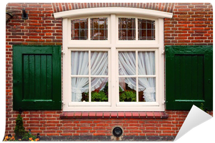 Old Retro Window With Shutters On Red Brick House Wall - Window (400x400)