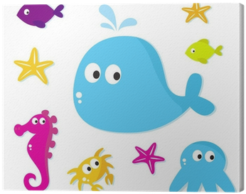 Cuadro En Lienzo Los Peces Del Mar Y Los Iconos De - Animales De Mar Animadas (400x400)