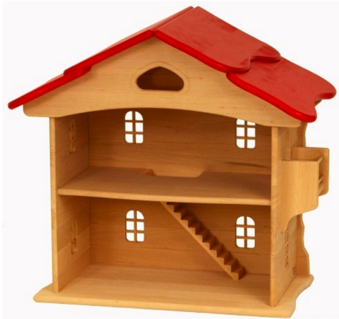 Doll House, Open & With Red Roof - Wooden Dollhouse Red Roof (600x600)