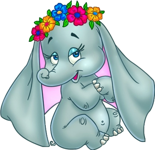 Cute Elephant Image With Flowers On Head - Cartoon Pictures Of Baby Elephants (593x571)