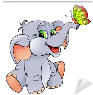 Funny Cartoon Baby Elephant With Butterfly Wall Mural - Cartoon Image Of A Baby Elephant (400x400)