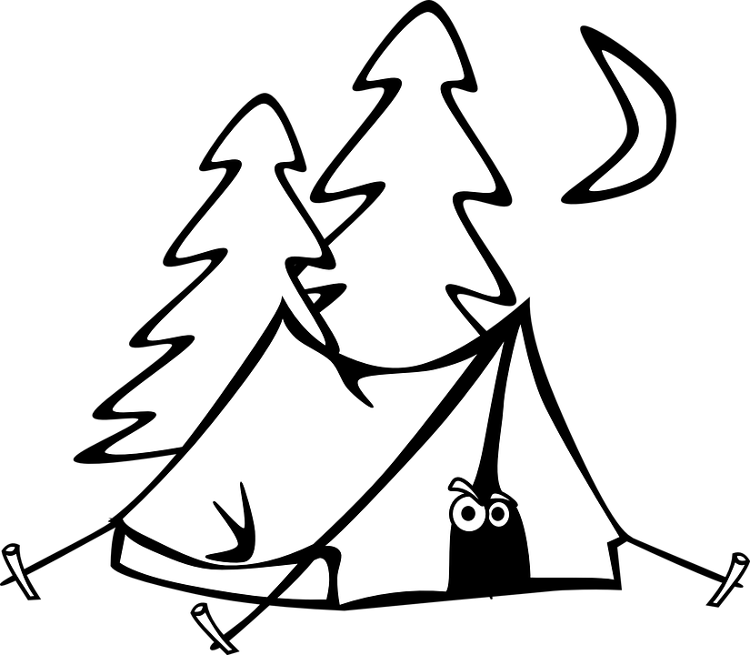 Camping Tent Eyes Trees Moon Night Cartoon - Camping Clipart Black And White (825x720)