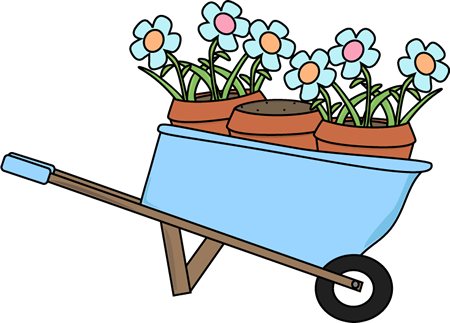 Wheelbarrow And Flower Pots - Cute Gardening Clip Art (450x323)