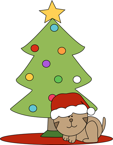 Cat Sleeping Under A Christmas Tree Clip Art - Christmas Cat Clip Art (392x500)