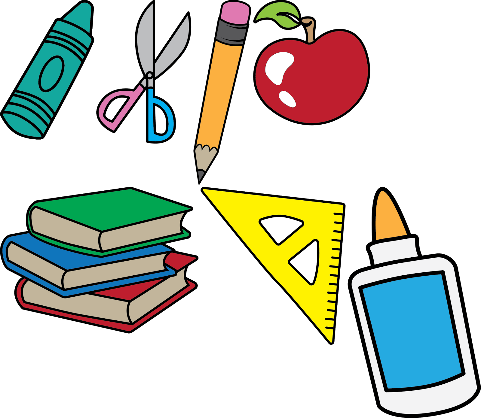 ♔ Back To School Crayon Scissors Pencil Ruler Apple - Books Clipart (1600x1392)