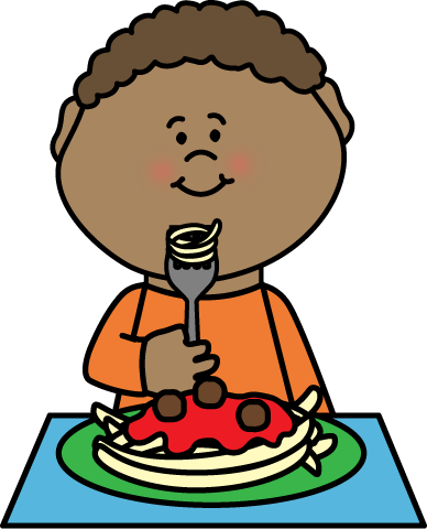 Eat Dinner Clipart Boy - Boy Eating Spaghetti Clipart (388x480)