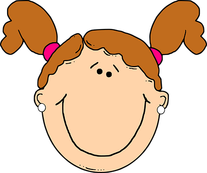 Girl, Pigtails, Earrings, Brown, Happy - Girl Face Clip Art (406x340)
