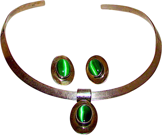 Taxco Mexican Sterling Silver Green Cat Eye Stone Earrings - Jade (533x533)